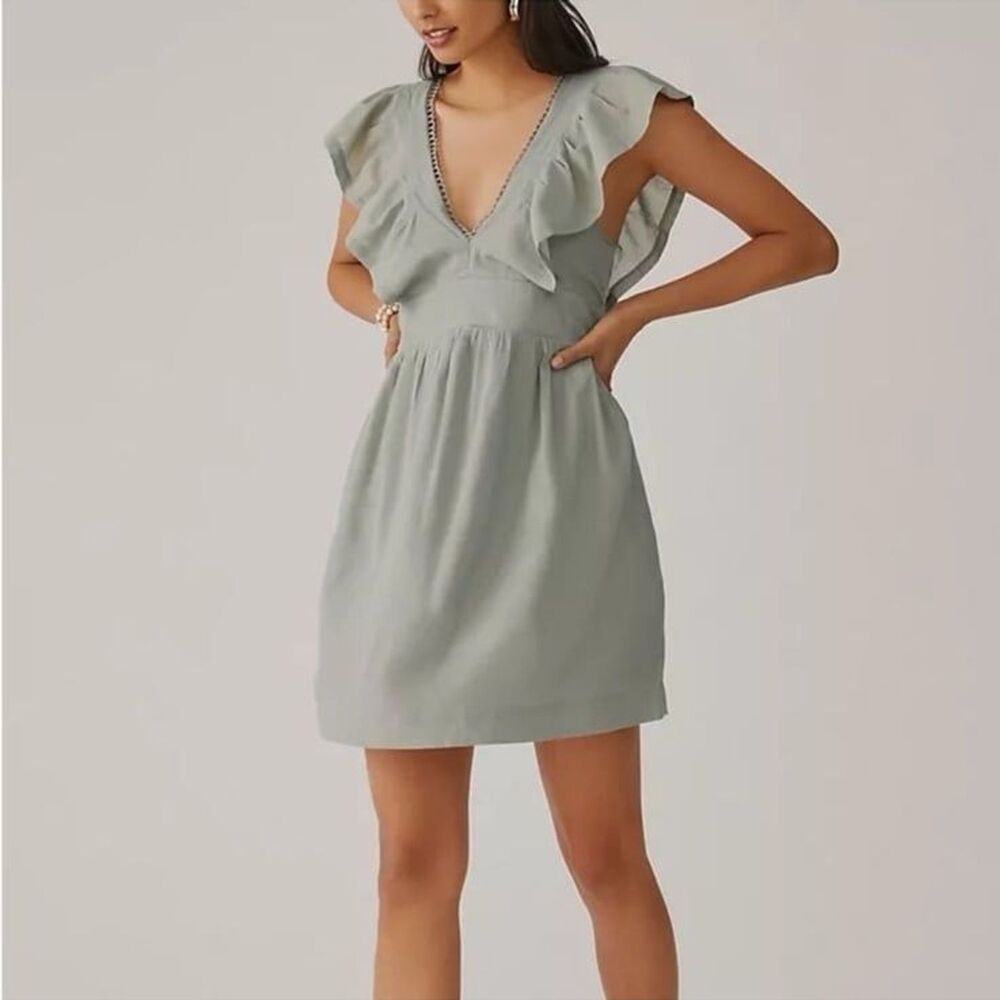 Anthropologie Women's V-Neck Plunge Tunic Mini Dress Sea Foam Green XXS NWT